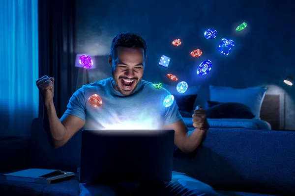 A young woman relaxing with her phone while dynamic casino elements float around her, illustrating the smooth mobile experience offered by the 599JILI app.